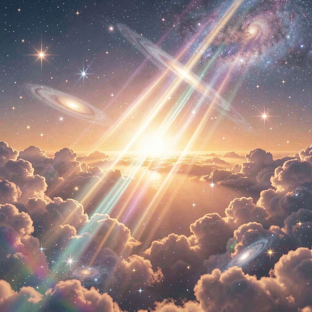 cosmic dreamscape with ethereal light beams breaking through Monday dawn