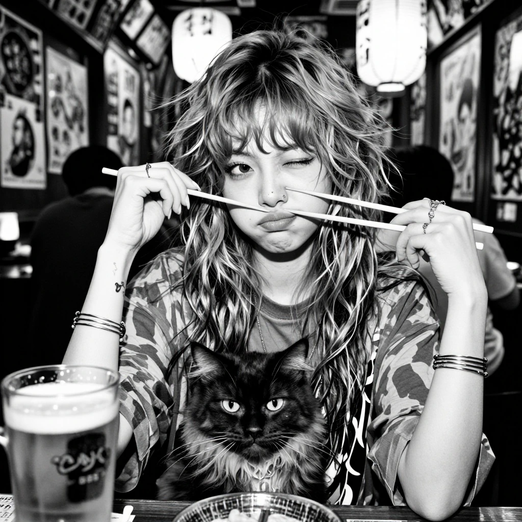 Prompt: High-quality black and white analog photography of a stylish young woman with her black Mainecoon cat, in a dimly lit Japanese izakaya. She is playfully posing with two wooden chopsticks held like a mustache over her upper lip and near her ey