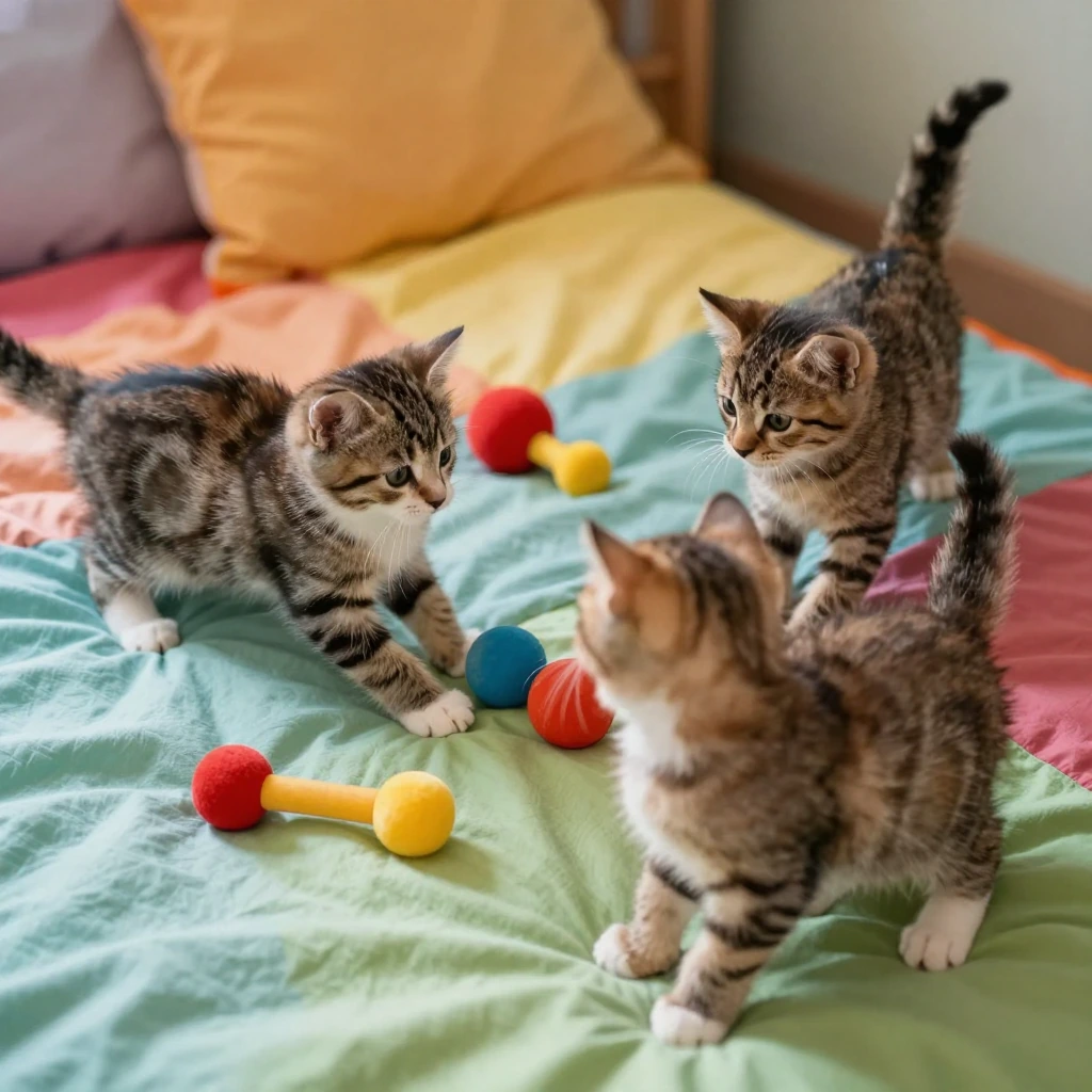 Amateur photograph of three kittens playing on a colorful bed with colorful toys