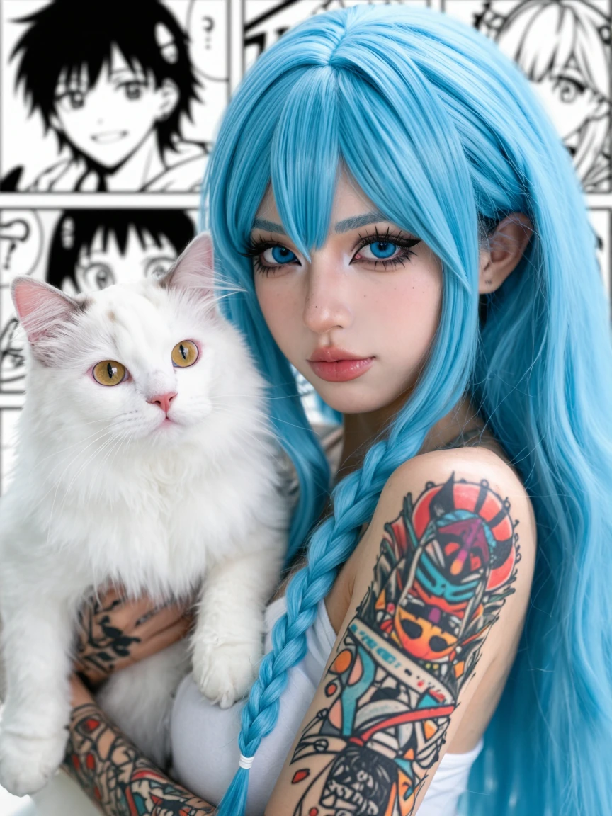 beautiful Vaporean woman cosplay, cat on shoulder, in the style of high dynamic range, kawaii art, light blue and white, animated illustrations, daz3d, exotic realism, tattoo-inspired, vibrant manga, close-up intensity, japanese-inspired, high energy