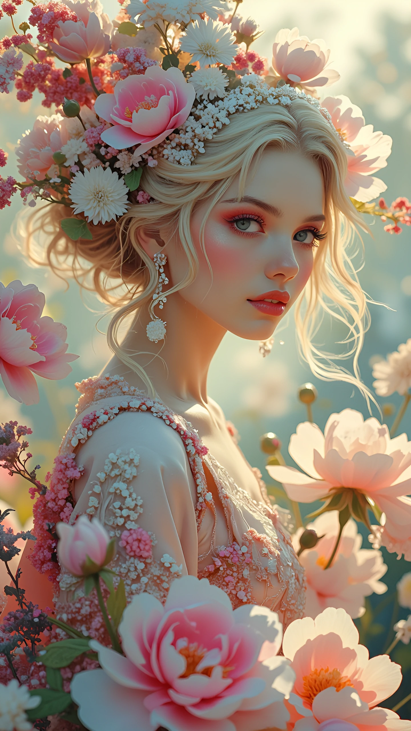 A stunningly beautiful goddess with sensual grey eyes full crimson lips and lustrous wavy champagne blonde hair. She wears a serene smile. She wears silks crafted from peony flowers that accentuates her sleek lithe and highly defined curvaceous form.