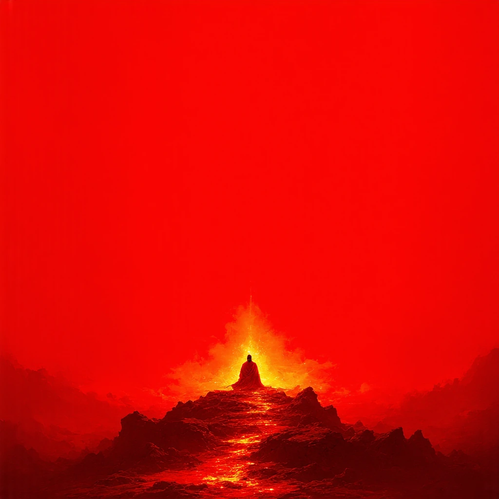 NRrh painting, tempera on canvas, features a vibrant, surreal landscape with a central figure seated on a fiery, mountainous structure. The figure, dressed in a yellow, flame-like garment, exudes an aura of divine or spiritual presence. The use of co