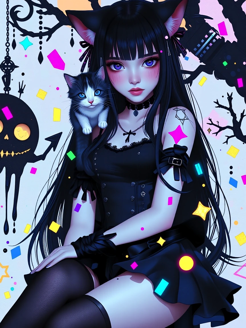 Dark pastel goth girl, long black hair with bangs, black minidress and leg warmers, with her cat on her shoulder