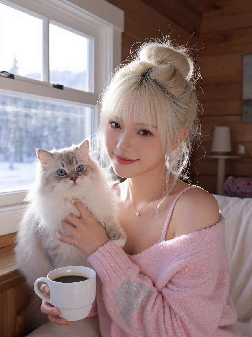 weirdcore, beautiful platinum blonde woman messy bun hair, eyes open , pastel colors, fluffy cat, smile, window, morning coffee, cozy cabin, airbrush style, realistic anime photograph uhd