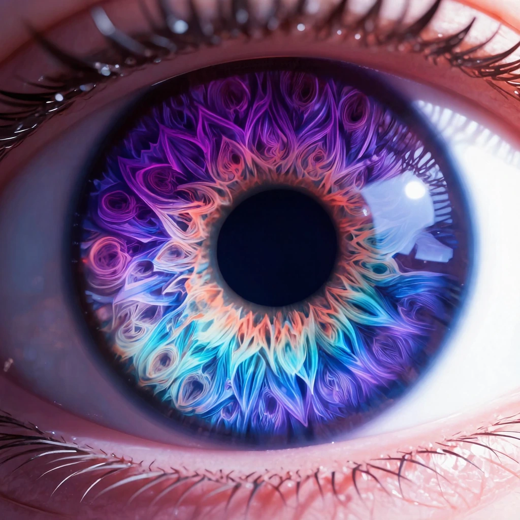 zidiusArt, ultra-realistic extreme close-up macro shot of a single highly detailed human eye, front view, sharp focus, the iris intricately composed of complex symmetrical fractal mandala patterns, glowing ethereal fractal structures inside the iris,