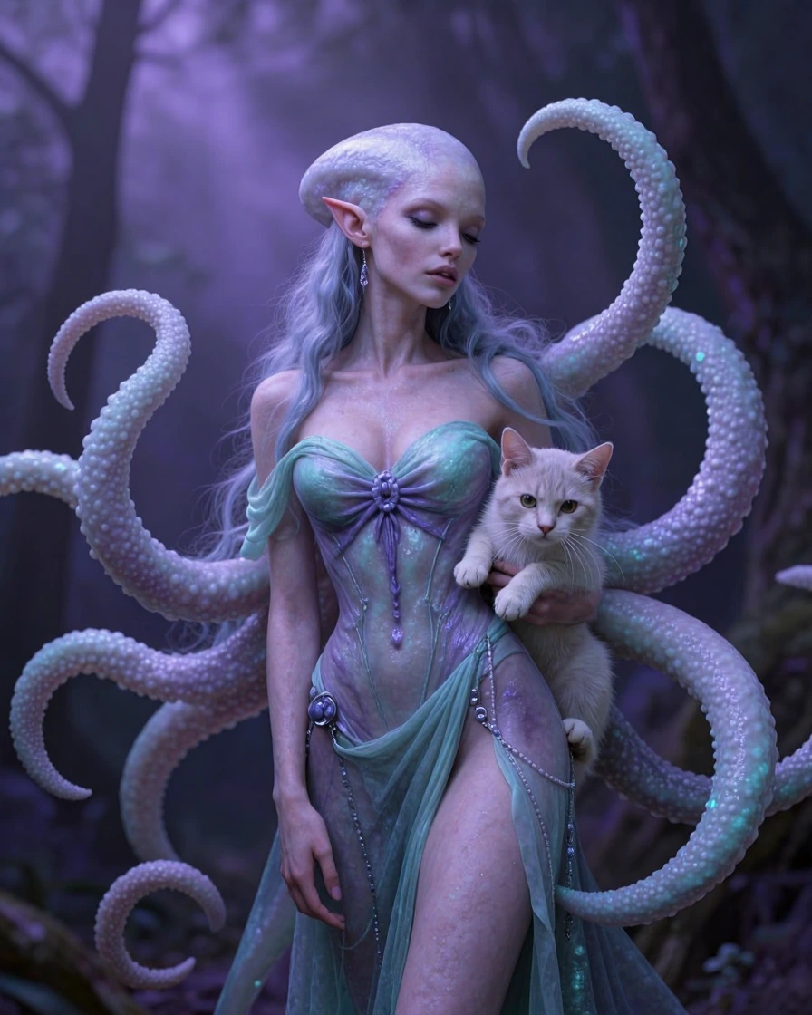 Aliencore woman alien with tentacles. With a cat with tentacles. Lavender aqua