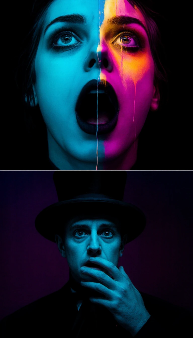 A vertical diptych. The top panel is an extreme close-up portrait of a face in a dramatic, multi-color high-key light against deep shadow. The vibrant, contrasting patches of cyan, magenta, and yellow-orange map the facial features and deep wrinkles,