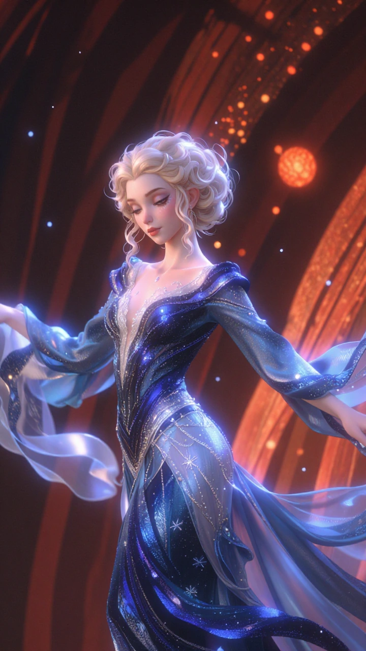 { "visual_elements": { "clothing": { "color": "blue", "details": { "cut": "deep V-neck, revealing", "embellishments": "sparkling snowflakes and intricate patterns", "sleeves": "long sleeves with a flowing design", "texture": "silk-like with a flowing