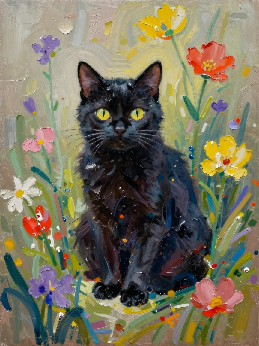 Messy oil painting style, colorful, black cat, flowers everywhere