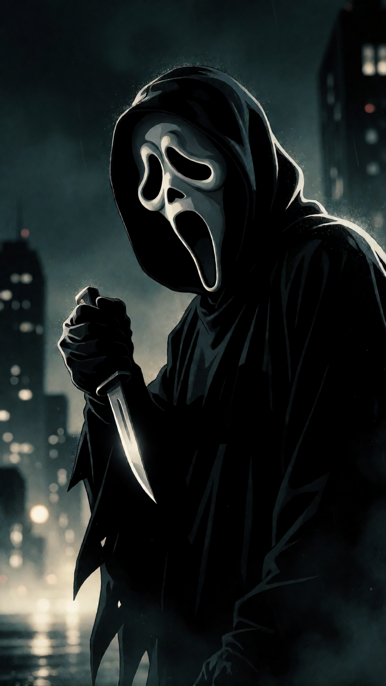 Generate a graphic noir illustration of Ghostface. He is a sleek, shadow-draped silhouette. The white mask is a stark, elongated oval, tilted in a pre
