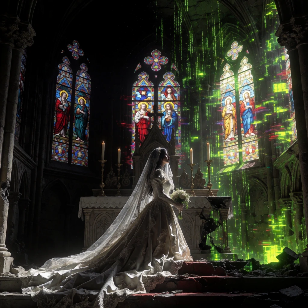 A gothic bride kneeling before a fractured altar in a decaying cathedral, her white gown unraveling into exposed circuitry and neon filaments, face carved by chiaroscuro shadow—serene and haunted. Behind her, stained glass windows flicker between sac