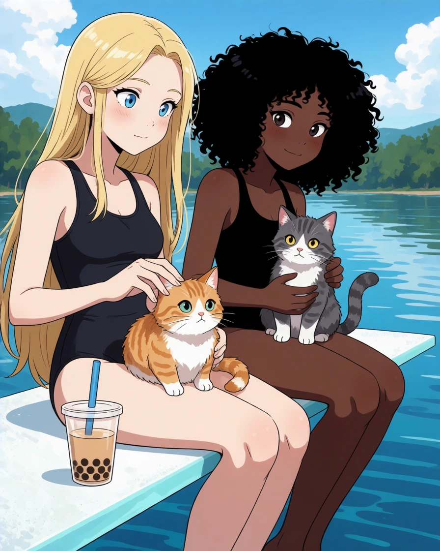 Two women sitting on a diving board with their cats. Blonde hair, black curly hair. Fun days at the lake. Boba tea.