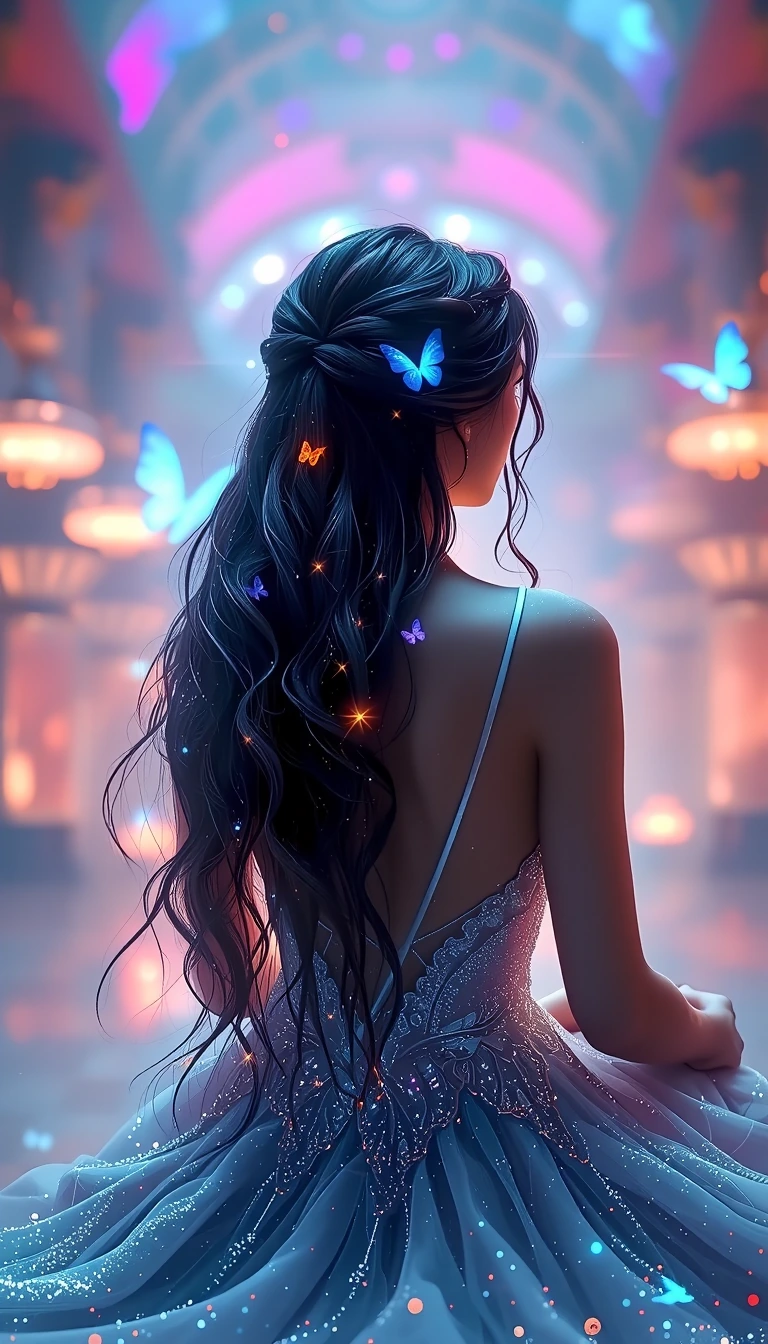 extreme close-up rear view portrait, slender young woman sitting with her back to the camera, only her shoulders, nape and cascading hair visible in frame, long wavy hair flowing like liquid night — deep indigo waves infused with swirling galaxies of