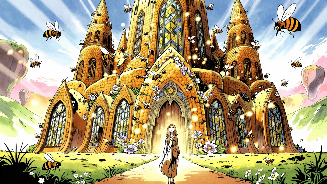 Wideshot keyframe in a detailed and artistic manga illustration style. The scene depicts “A Cathedral Built by Bees.” A massive, surreal cathedral ris
