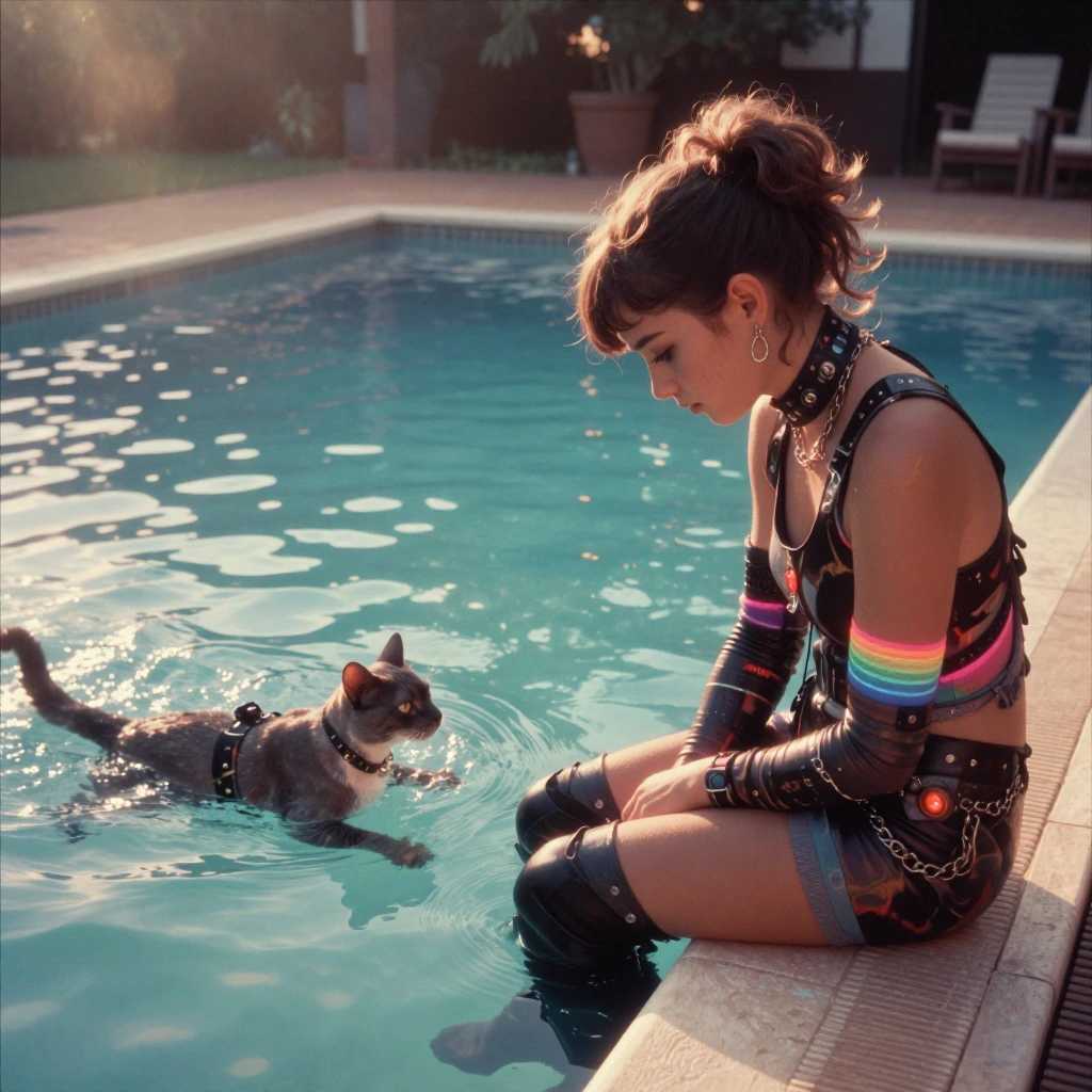 a girl seated by a swimming pool in soft, dreamy light, wearing a nineties cyberpunk hacker-style outfit — tech-inspired clothing, leather, chains, neon accents, futuristic punk aesthetic — watching her cat swimming in the pool water, intimate and te