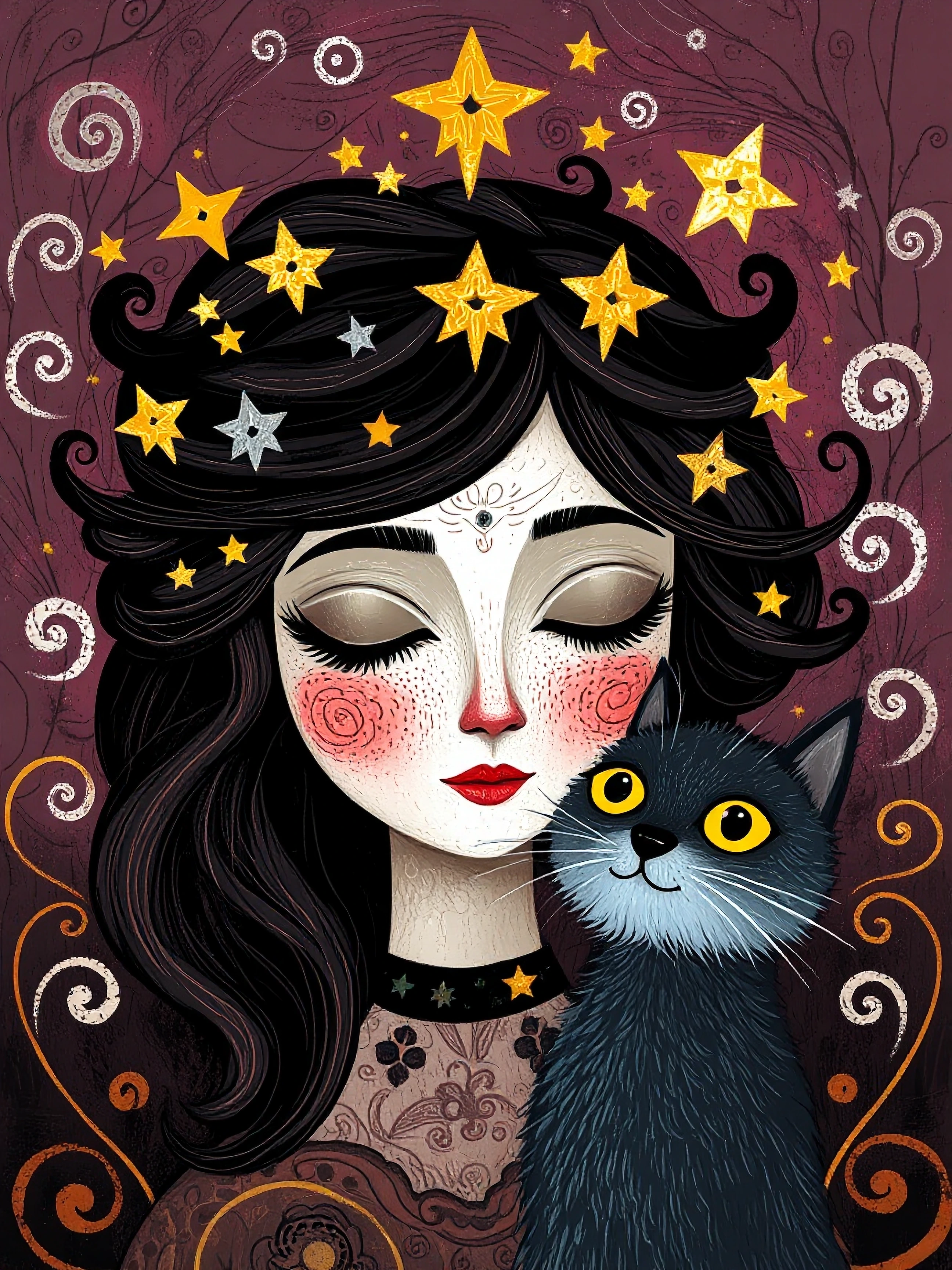 Beautiful woman and cat, whimsical folk art, starry night hair, detailed background with swirls and designs, mauve and bronze