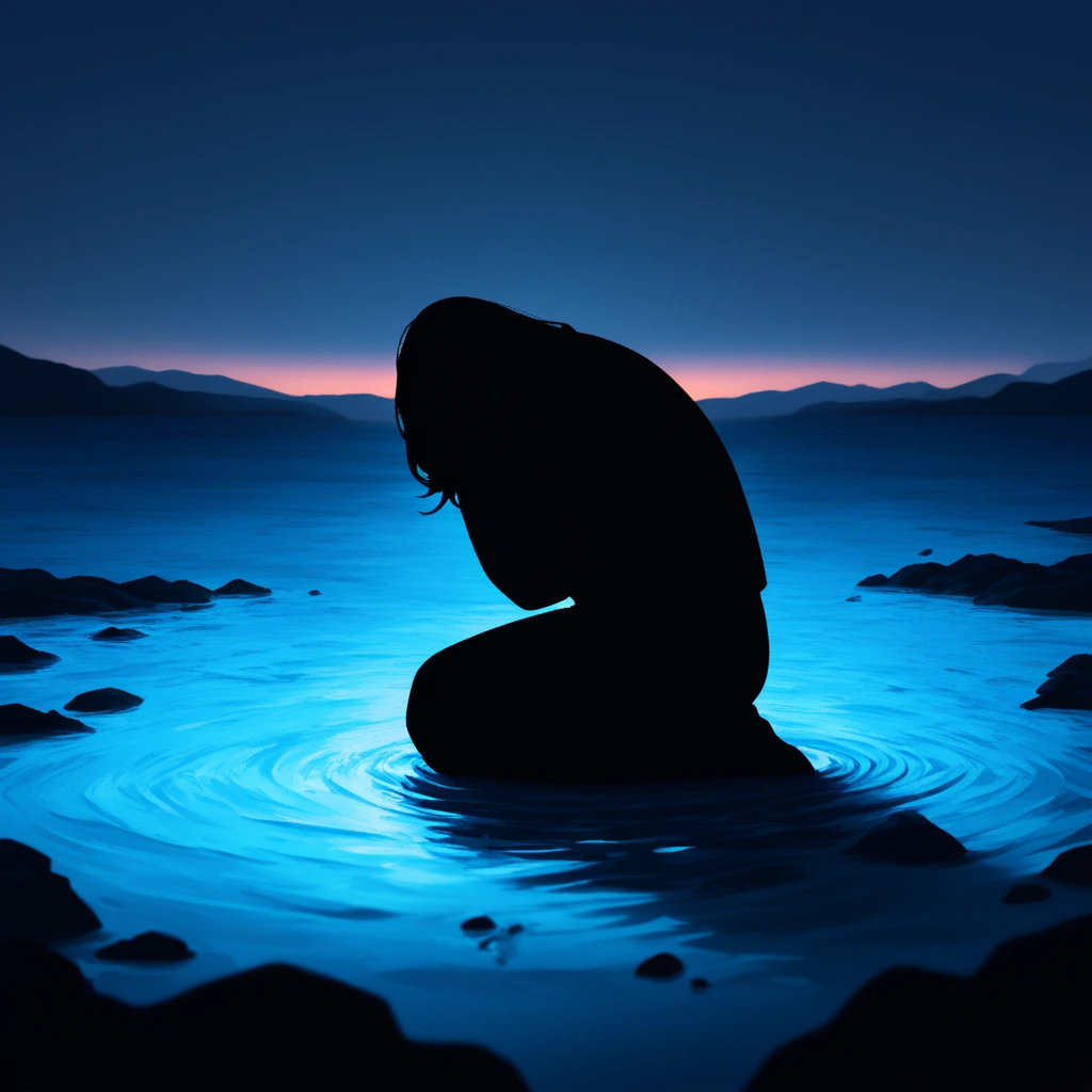 a solitary wanderer kneeling at the edge of a crystalline tide pool during twilight, their face softly illuminated by the bioluminescent glow from the water, gentle waves lapping at the rocky shore, dramatic sky transitioning from deep purple to ambe