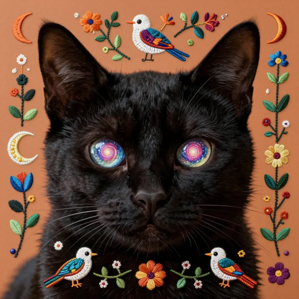 Close-up portrait of a black cat's face with its eyes replaced by hypnotic spiral galaxies, surrounded by intricate folk art embroidery patterns featuring birds, moons, and vines in jewel tones against a warm ochre background.