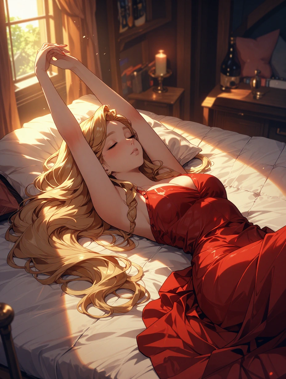 anime girl with ethereal beauty, Makoto Shinkai style luminous eyes, delicate porcelain features, long flowing blonde hair with intricate loose braid, graceful slender form, lying peacefully across luxurious bed, arms elegantly raised above head, ser