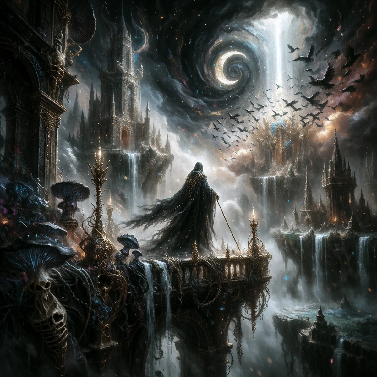 An epic dark fantasy digital painting with a vertical composition. A solitary, cloaked figure, resembling a necromancer or grim reaper, stands on a crumbling, ancient stone balcony, overlooking a vast, surreal landscape. This vista features multiple 