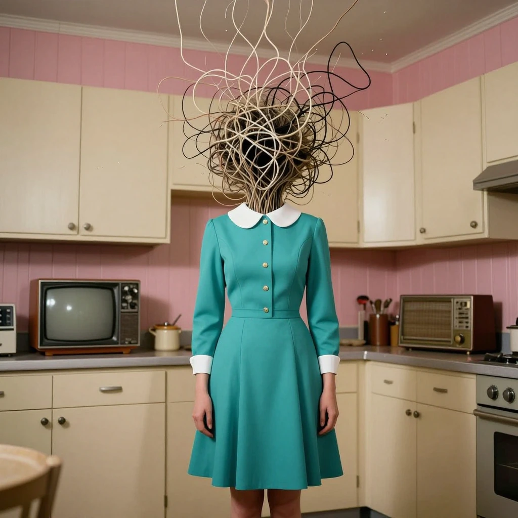 Surreal female figure in a cluttered, vintage 1960s-style kitchen. The subject has a human female body, standing stiffly with hands at her sides, but 