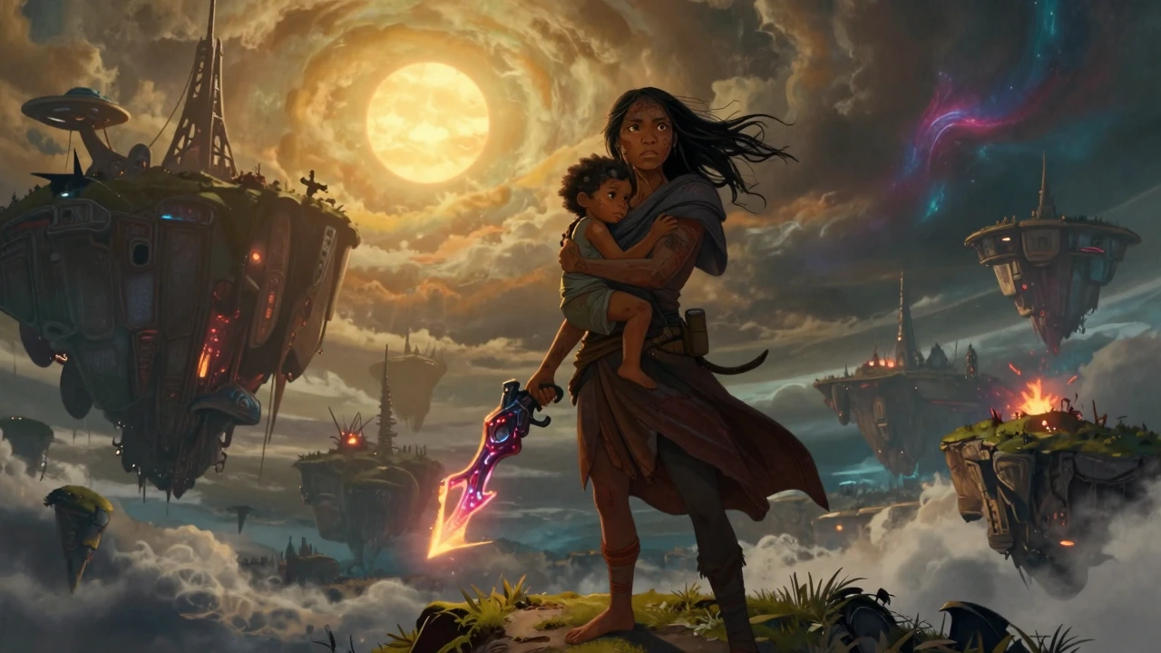 Epic cinematic keyframe in the distinctive painterly graphic novel style of Fiona Staples’ Saga. A fierce young mother stands protectively on the edge of a massive floating landmass high above a war-torn alien planet. She holds her small hybrid child