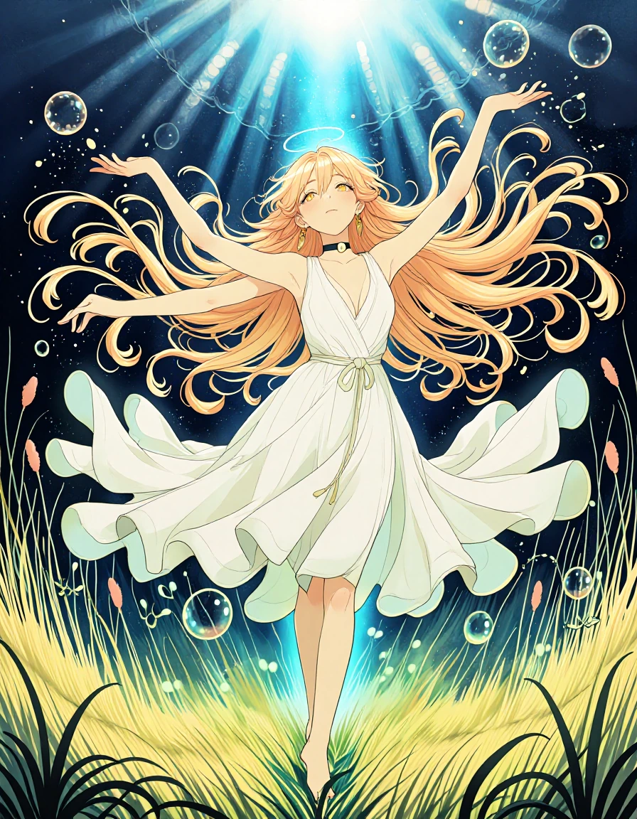 { "image_analysis": { "environment": { "lighting": { "colors": [ "gold", "soft yellow" ], "effects": [ "sparkles", "light rays" ], "type": "ethereal g