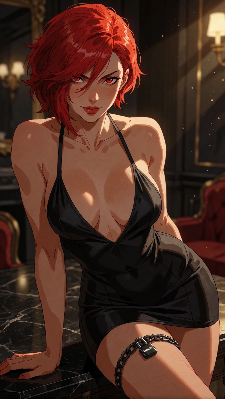 Masterpiece, best quality, ultra-detailed digital illustration, photorealistic rendering, extremely sharp details, realistic skin texture with subtle pores, intense specular highlights and natural sheen, cinematic composition. Red Fever leaning forwa