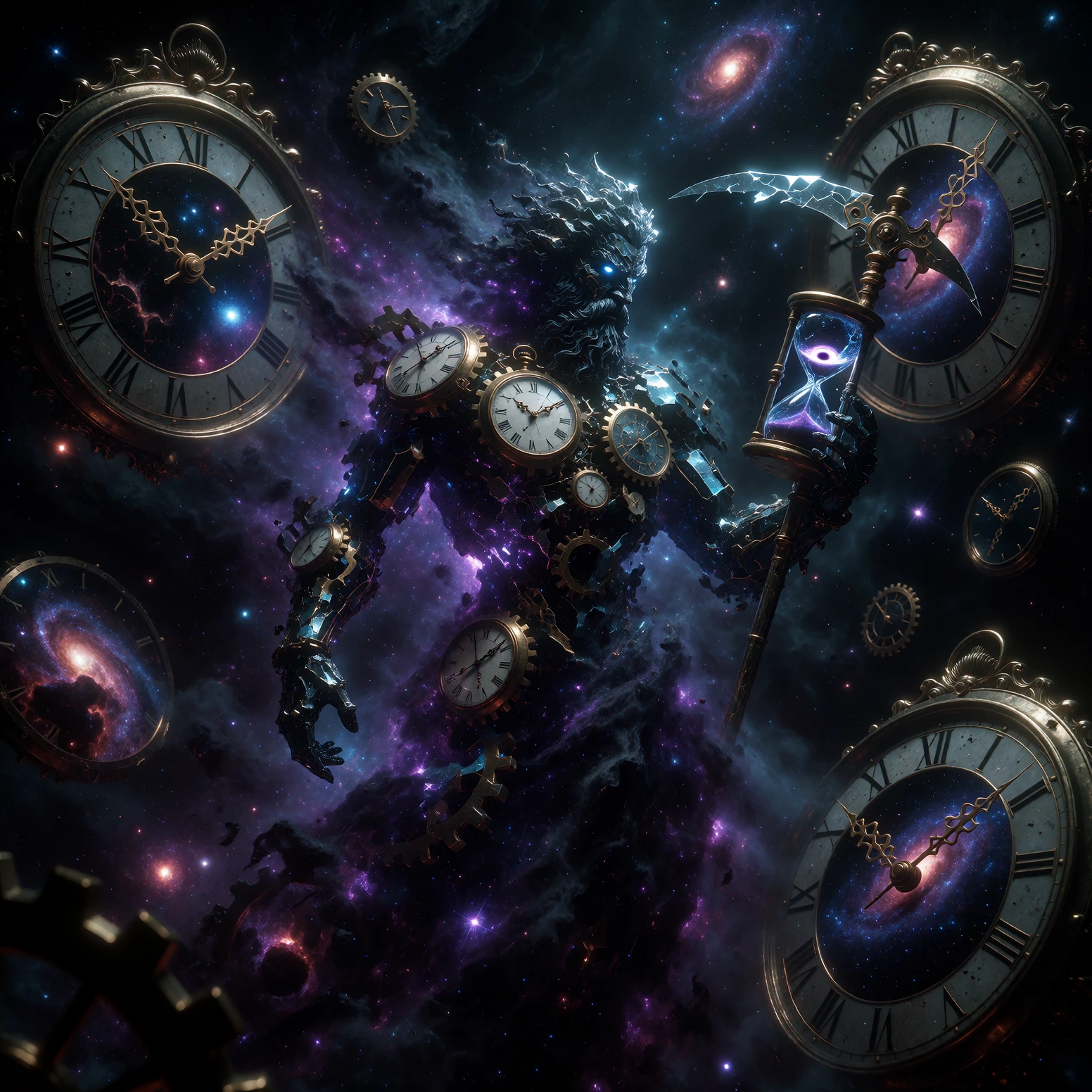 The day the clocks agreed to stop -- A colossal, terrifying depiction of Chronos, the Greek God of Time, emerging from a swirling abyss of cosmic dust