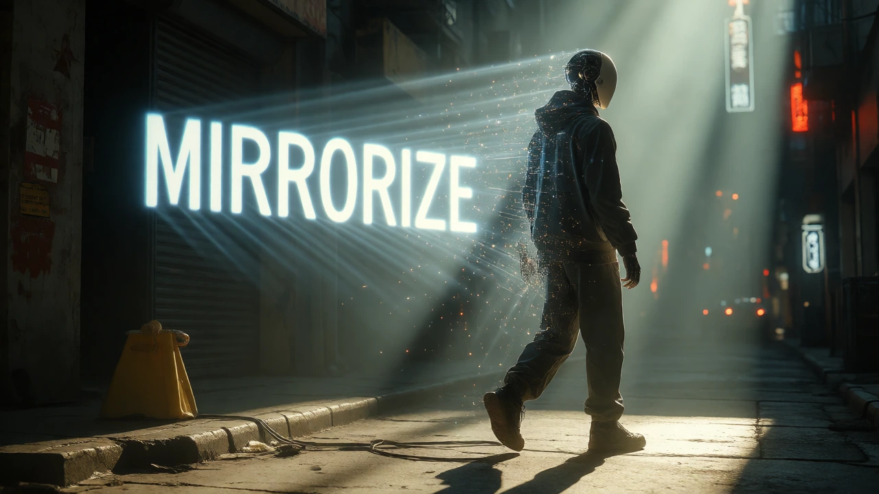 Wide shot: android figure walks through noir-lit cyberpunk street as 'MIRRORIZE' hologram projects and expands outward in volumetric light. Camera tracks backwards. Wet pavement reflects purple neon. Electronic pulses distort reality around subject.
