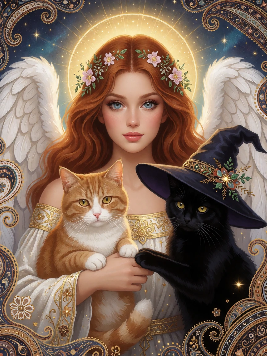 A gorgeous angel with her cat and a witch, paisley style