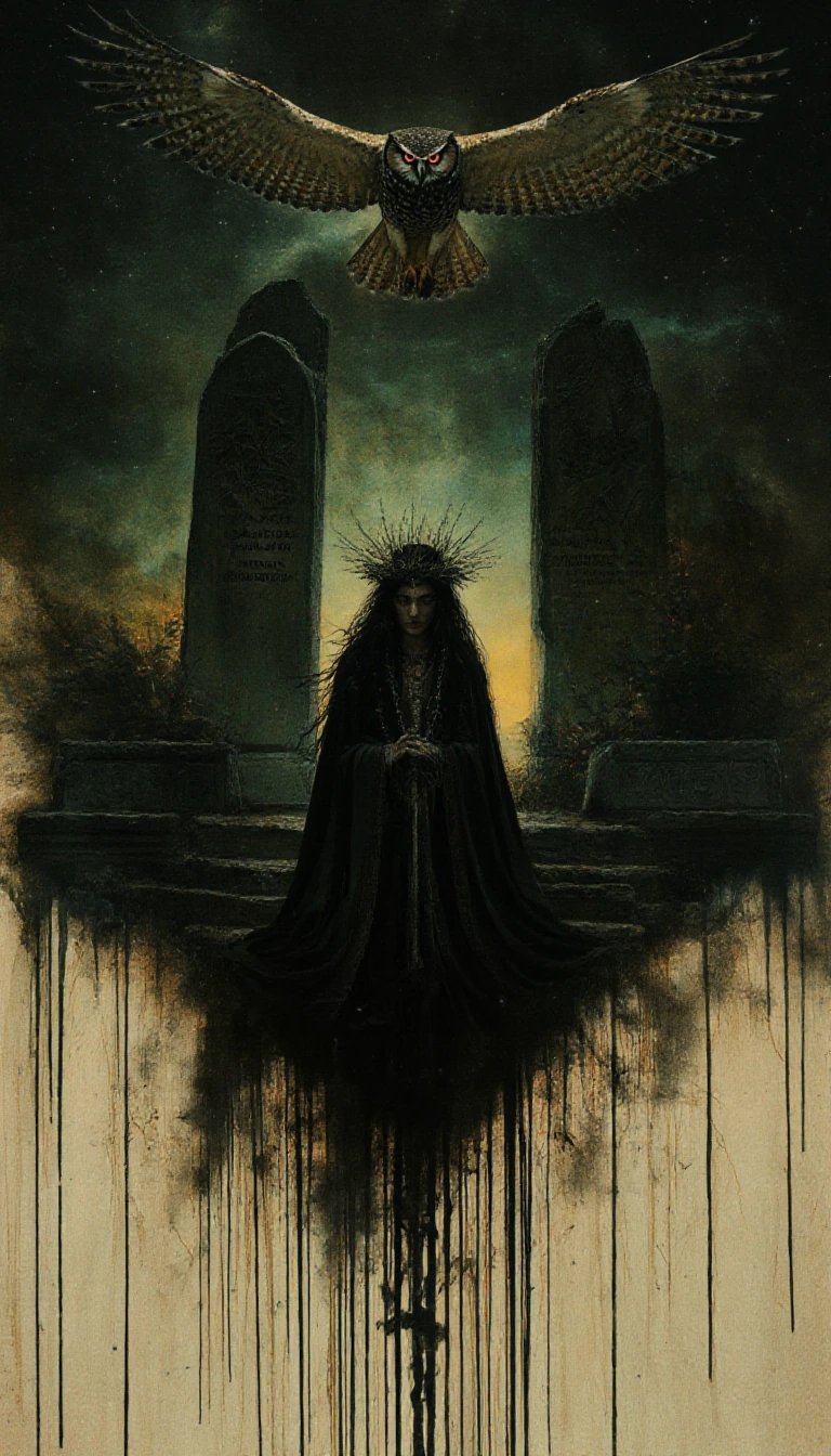 A double exposure image: a clear yet shadowy vision of a magnificent gothic shaman witch in a spellbinding, mystical clearing featuring a ruined stele, with a menacing eagle owl in the double exposure.