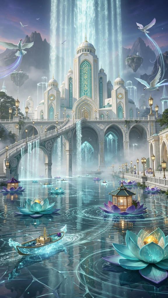 A magnificent enchanted city built beneath a colossal glowing waterfall that pours from the sky into a floating crystal lake. Towering ivory and turqu