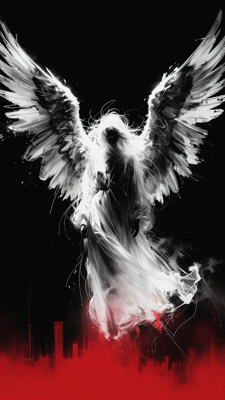 An ethereal ghostly angelic figure centered in frame against a pure stark black void, long flowing white garments dissolving into mist and blending into the darkness, wispy wind-swept hair, immense dramatic wingspan rendered with bold expressive blac