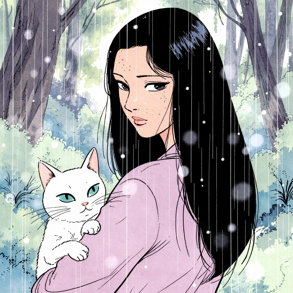 Artsy image with a beautiful woman and a cat in a dreamy rainy forest setting with soft pastels and ethereal lighting. Soft illustration