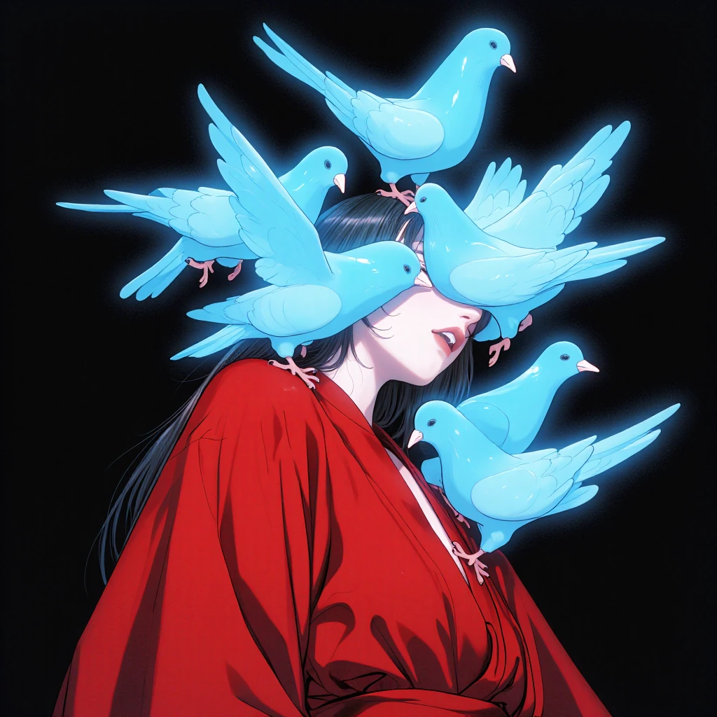 Surreal painting of a woman, shown in 3/4 view, in a vibrant red, silky garment against a stark black background. Her head is obscured by a cluster of glowing, blue-tinted pigeons that appear to be perched directly on her crown and face. Only the lip