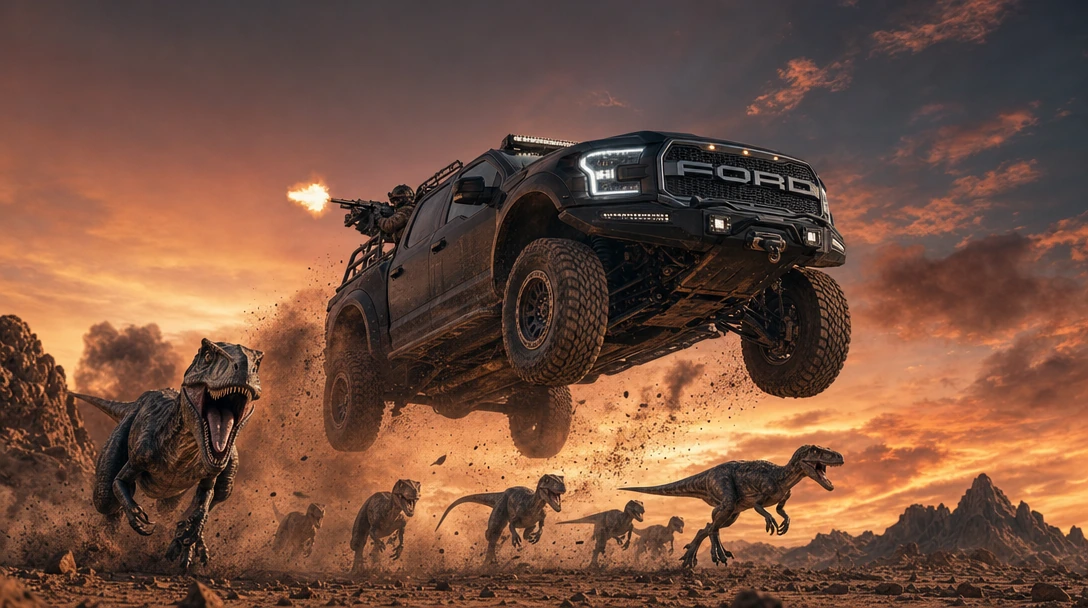 Capture a battle-hardened Ford Raptor truck, coated in a matte flat-black tactical wrap, launching off a dirt ridge and hanging weightless in mid-air, front wheels tilted skyward, suspension fully extended, dust and debris trailing off the tires in f