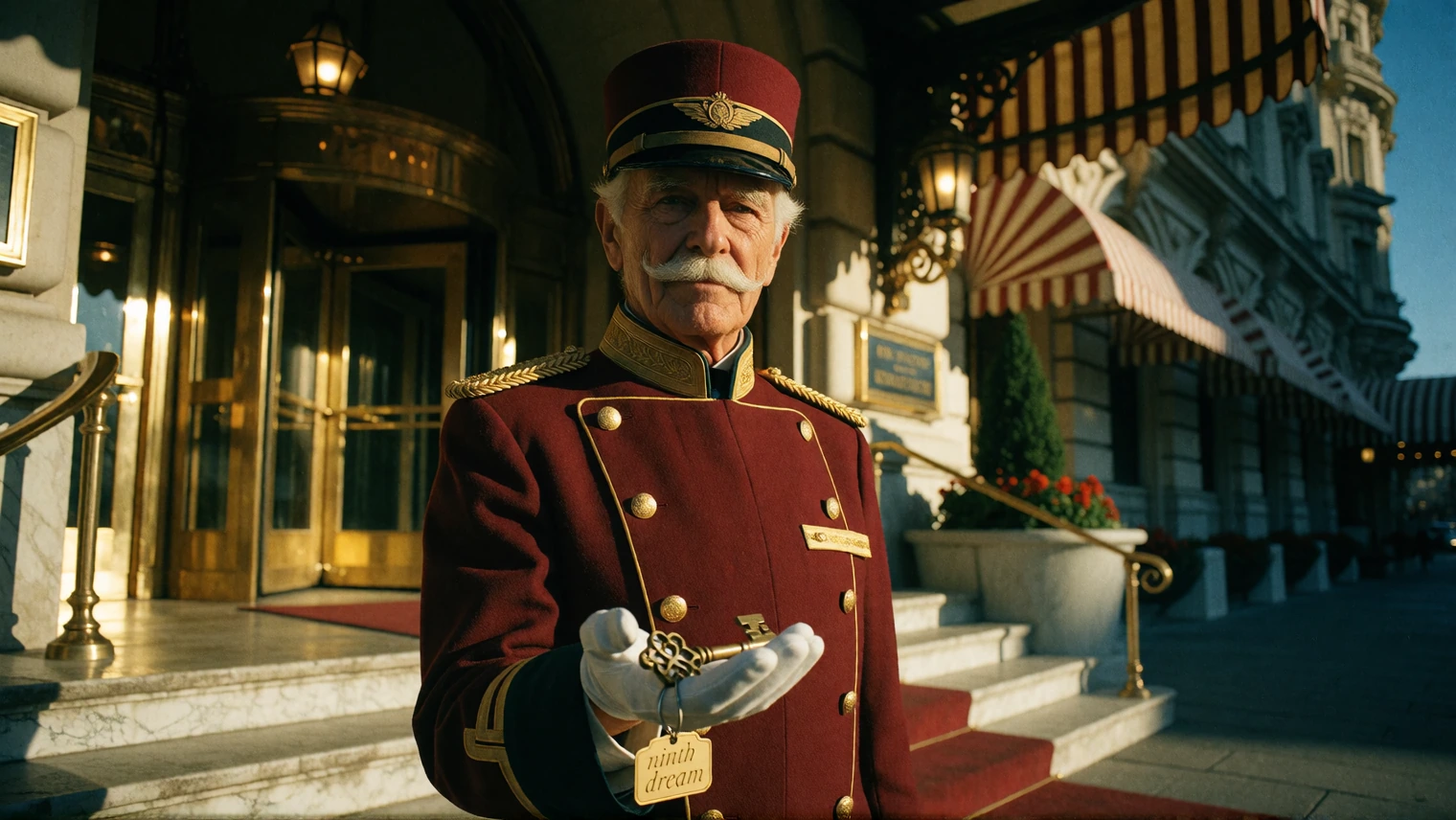 Capture a distinguished elderly doorman standing before the entrance of an iconic 1950s grand hotel, his weathered face lined with decades of quiet dignity, framed by a neatly trimmed white mustache and kind, knowing eyes. He wears an immaculate deep