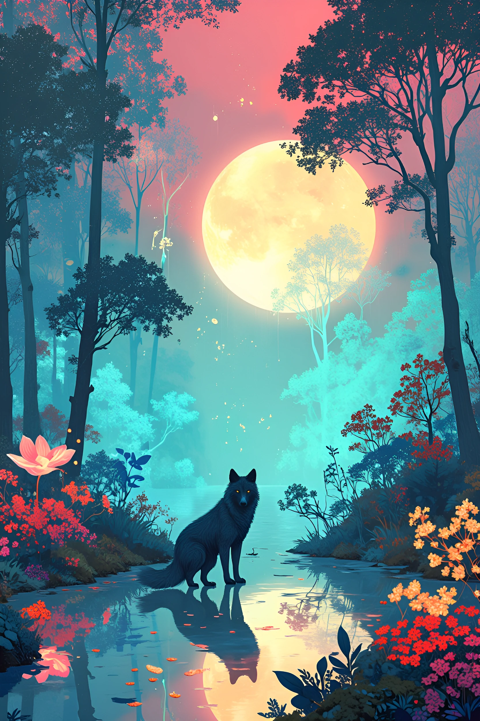 A solitary wolf pup, bathed in ethereal moonlight, stands at the edge of a bioluminescent forest. Strange, glowing flora pulses with an inner light, c