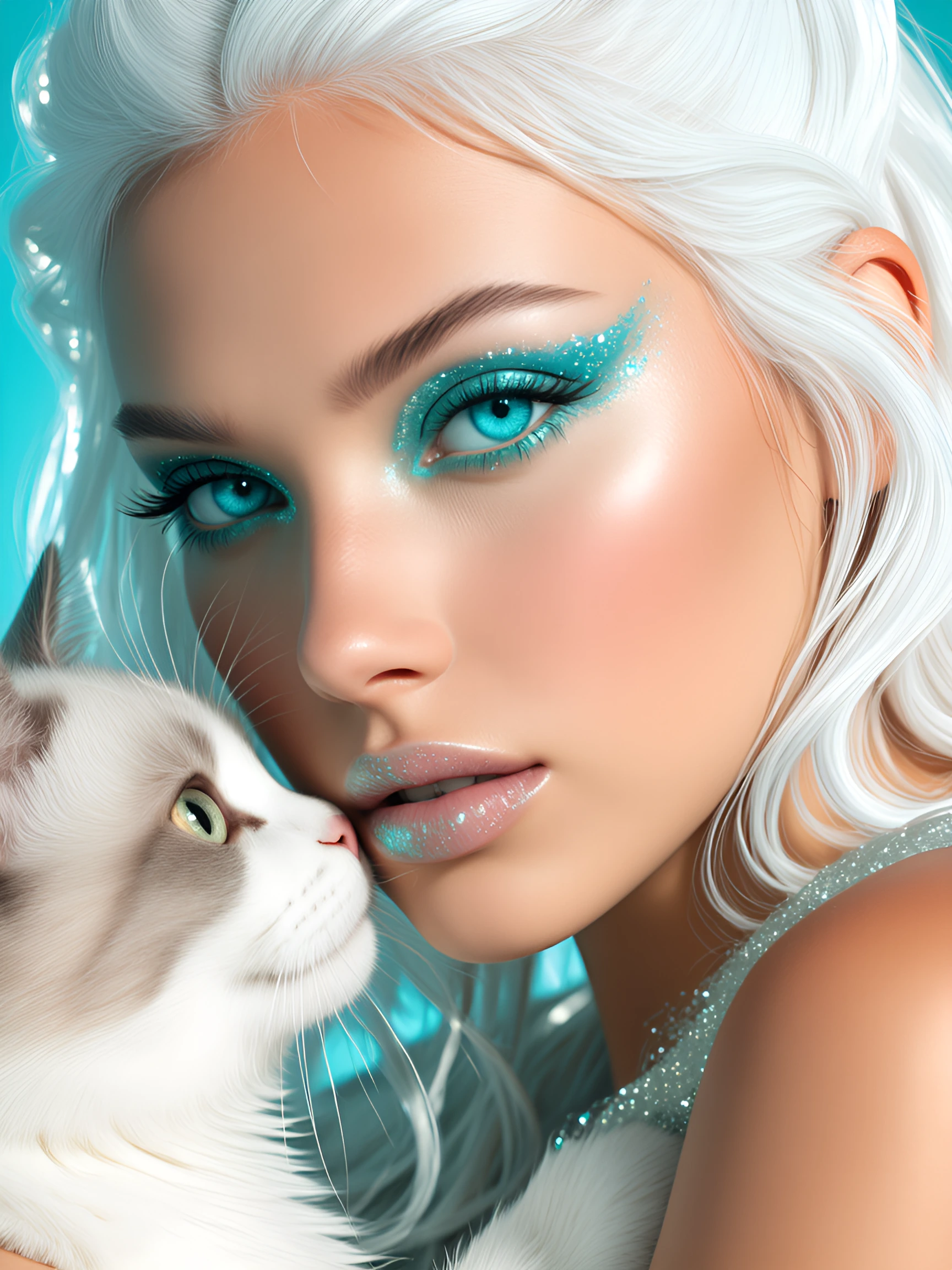 Woman white hair with Beautiful sugar and sparkly lip art, aqua eyes. With a cat.