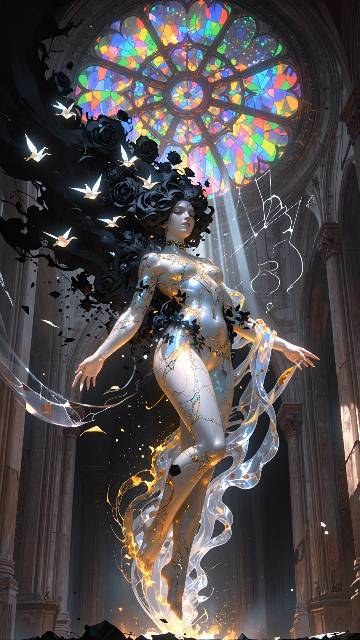 An ethereal female figure suspended in mid-air within a vast, collapsing cathedral of light and shadow, her translucent porcelain skin fractured like living marble and veined with liquid gold and iridescent mercury. Cascading black hair dissolves int