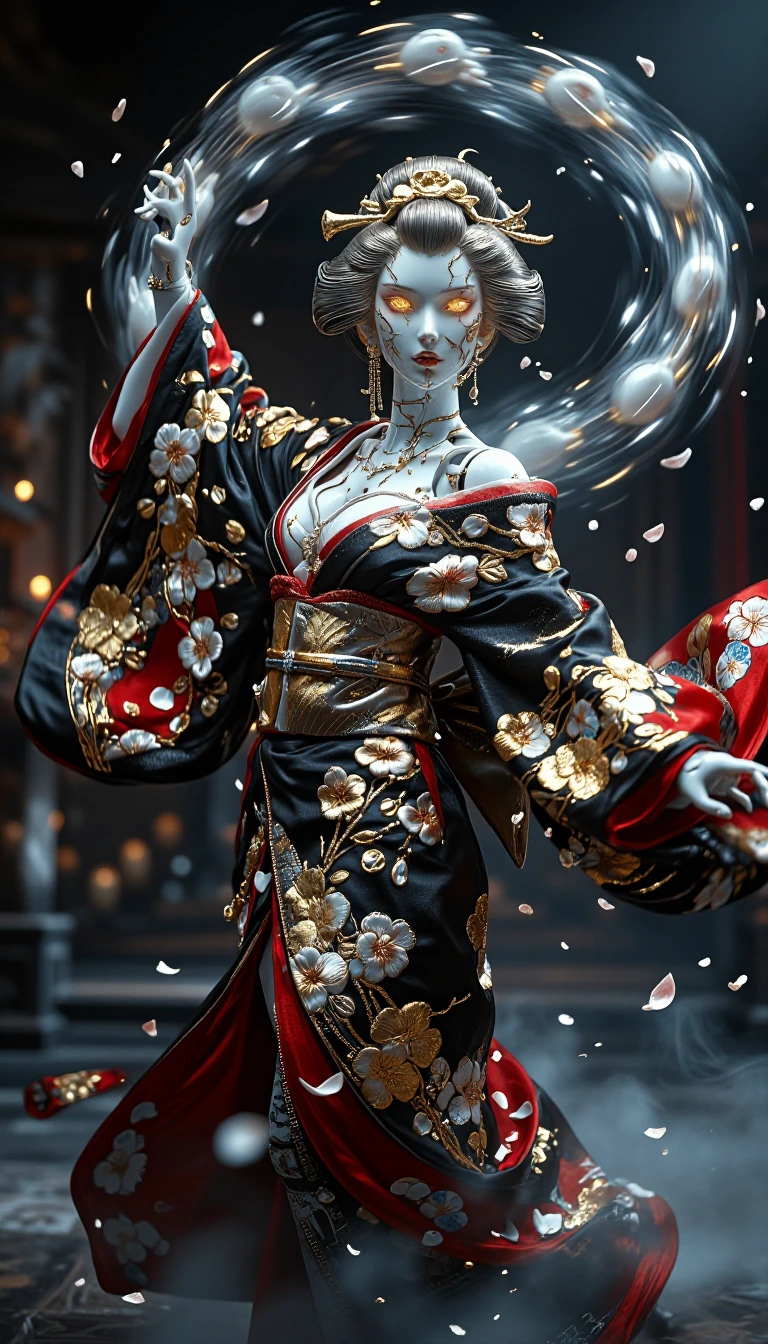 Subject & Aesthetic ​A cinematic, hyper-realistic masterpiece of a high-tech Geisha Automaton captured mid-performance. She is a fusion of ancient art