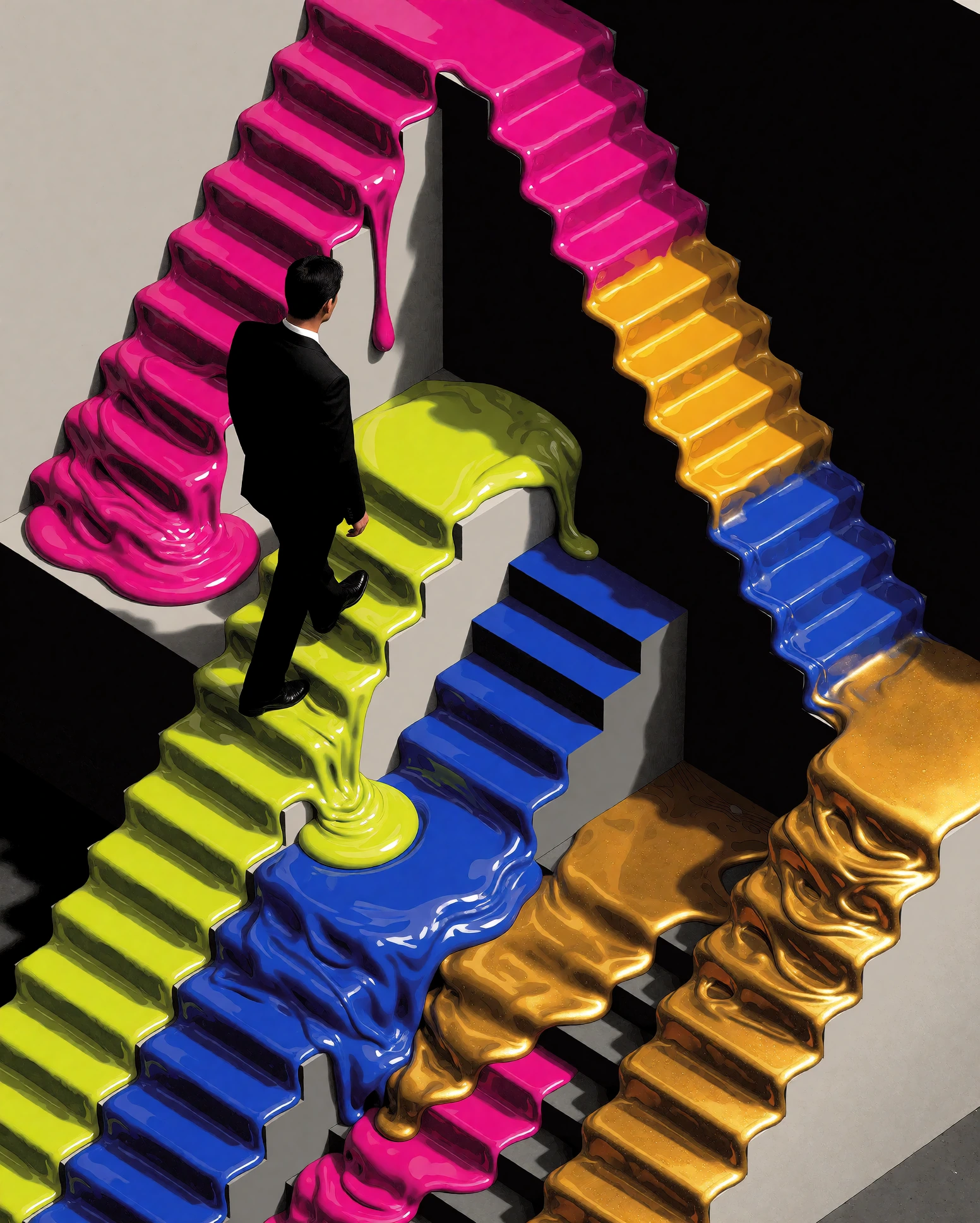 An M.C. Escherstyle impossible staircase, but every step is a different flavor of thick paint pouring slowly downward and upward at once magenta, chartreuse, cobalt, gold while a figure in a black suit walks calmly through it, untouched. Isometric vi