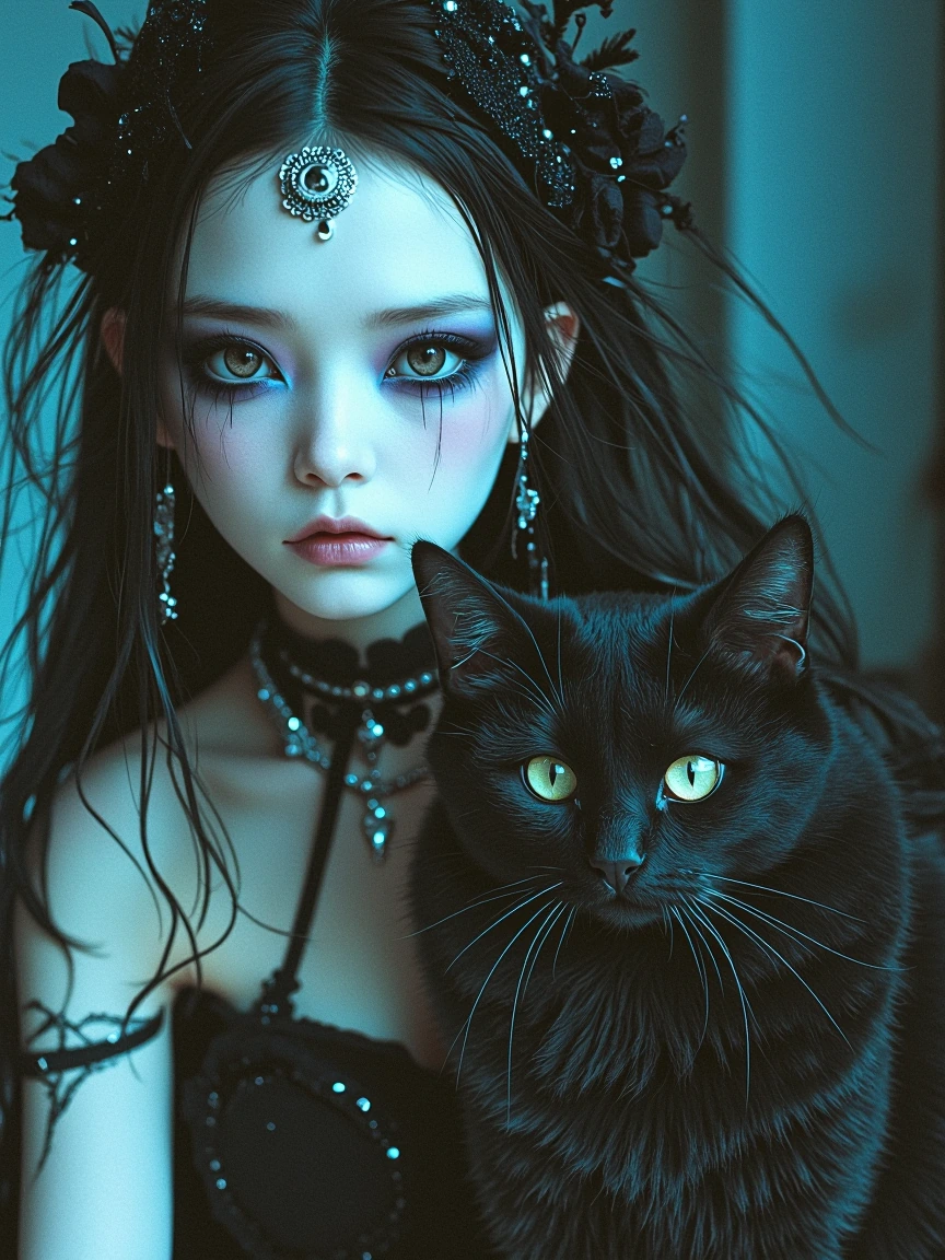 goth girl with her black cat, moody atmospheric lighting, dark velvet aesthetic, pale skin with dramatic makeup, silver jewelry, sitting together in shadows, intimate moment, cinematic depth, cool tones with hints of purple and deep blue, gothic roma