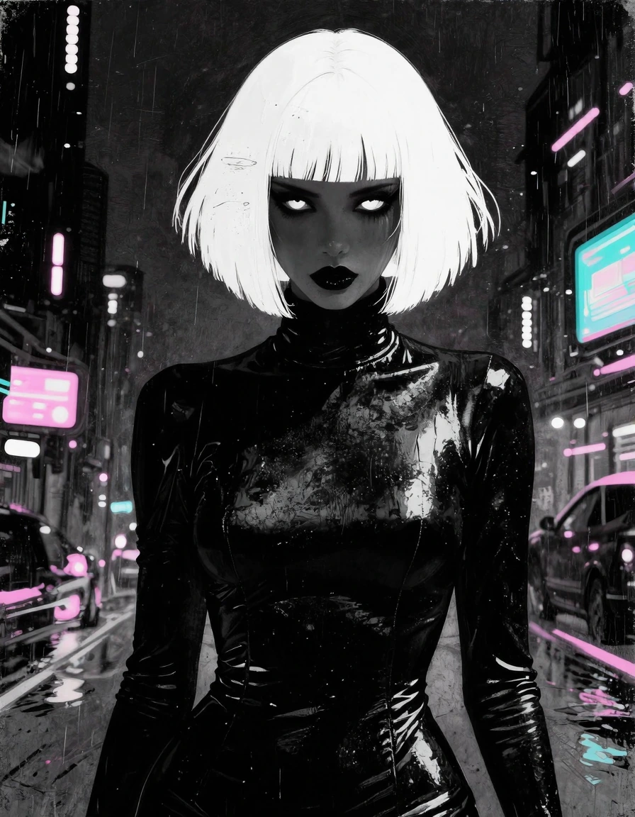A hyper-realistic portrait of an evil woman with white eyes. She has white bob hairstyle glossy black dress. Her lips are painted in a shiny black col