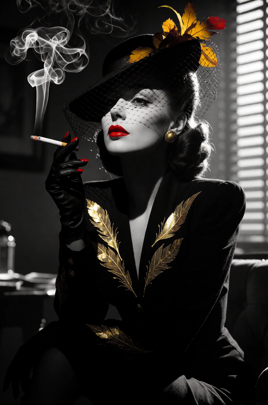 Film noir femme fatale in high-contrast black and white, sharp shadows and dramatic side-lighting, seated in a smoky room with venetian blind streaks across her face. Her lips and nails vibrant glossy red—the only colour in the frame. A veiled hat ad