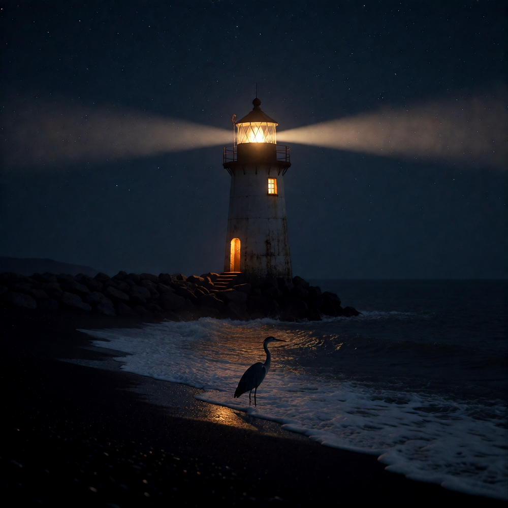 A small lighthouse on a black-sand beach at night, its beam sweeping across a starless sky, one window lit warm amber, a single heron standing in the surf watching it. Quiet, cinematic, deep blues and amber.