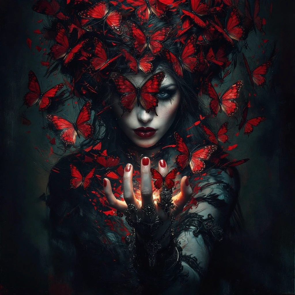 A pale gothic diva commanding gesture with her hand. From her fingertips, a swirling vortex of delicate, crimson butterflies erupts, spreading outward
