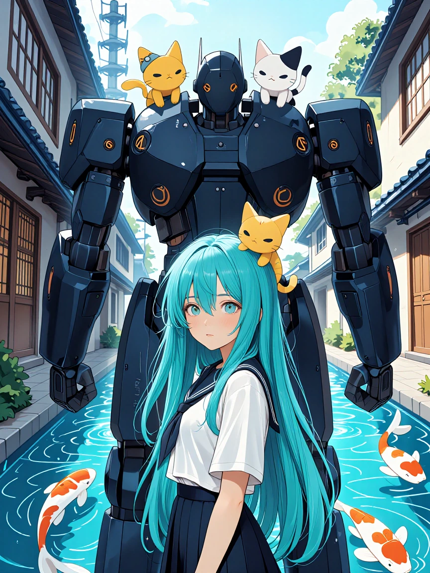Woman 20 years old long black aqua hair standing in front looking at you, Kittens riding on the shoulders of a giant mech near neon koi pond in tokyo alley