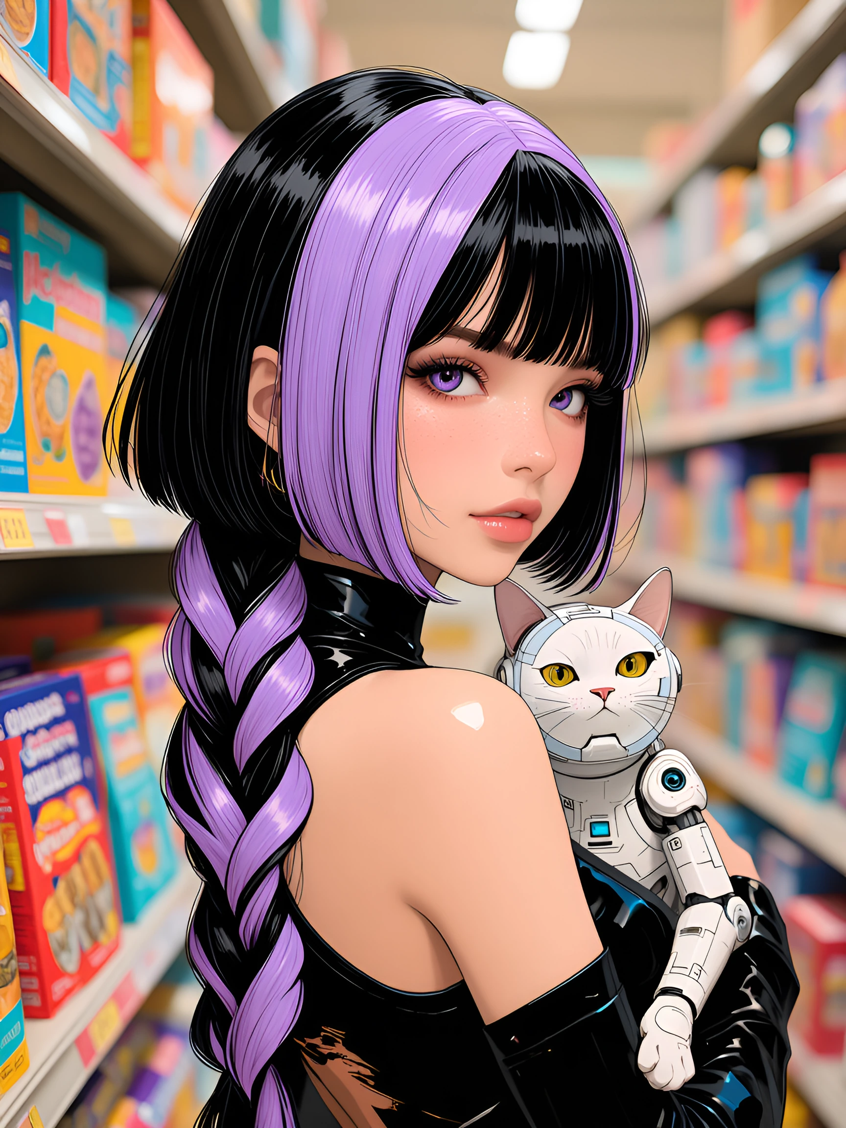 Beautiful glitchcore woman, lavender black ombre bob hair, with her cat, shopping for a new robot.